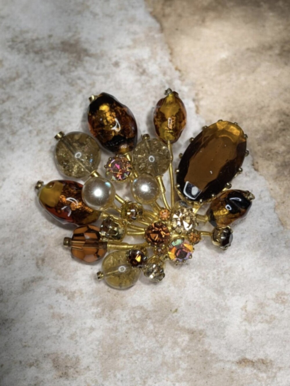 Triad Shrub Cluster Floral Spray Brooch Amber Topaz Glass Rhinestone Gold Tone